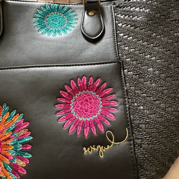 Desigual Embroidered Floral Satchel Tote Bag Black Top Handle Handbag - Picture 5 of 13